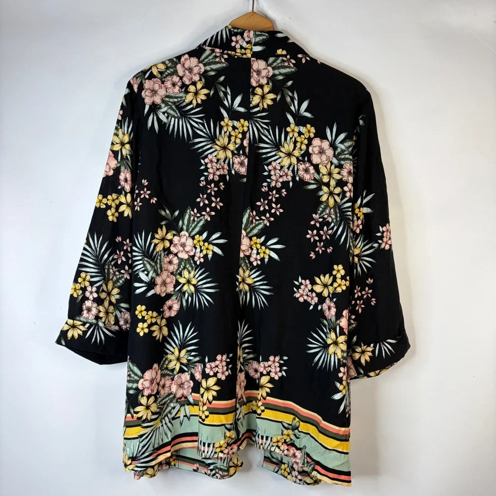Roz & Ali Cardigan Women 2X Black Floral Tropical Open Front Pockets Rayon